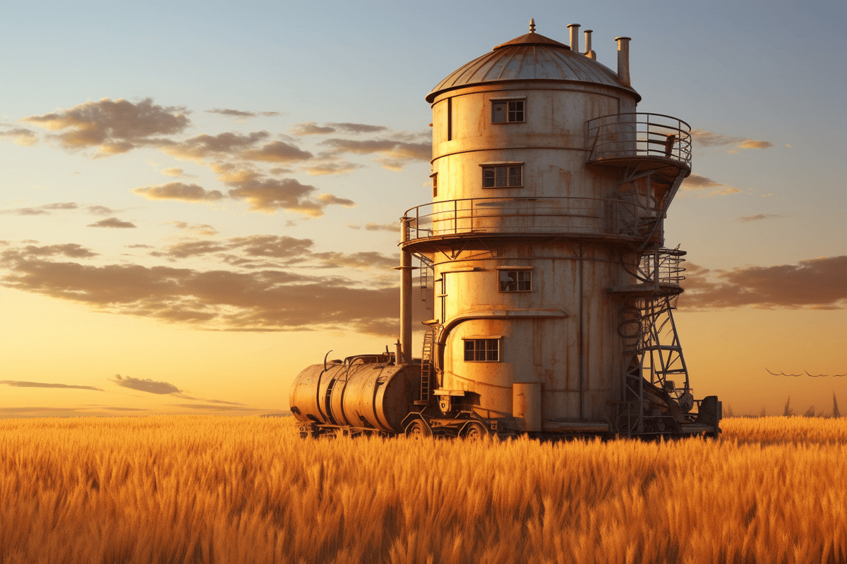 In line 5 of the poem, "Pass the grain tower" isn't referring to a literal grain tower. But it is referring to something manmade.